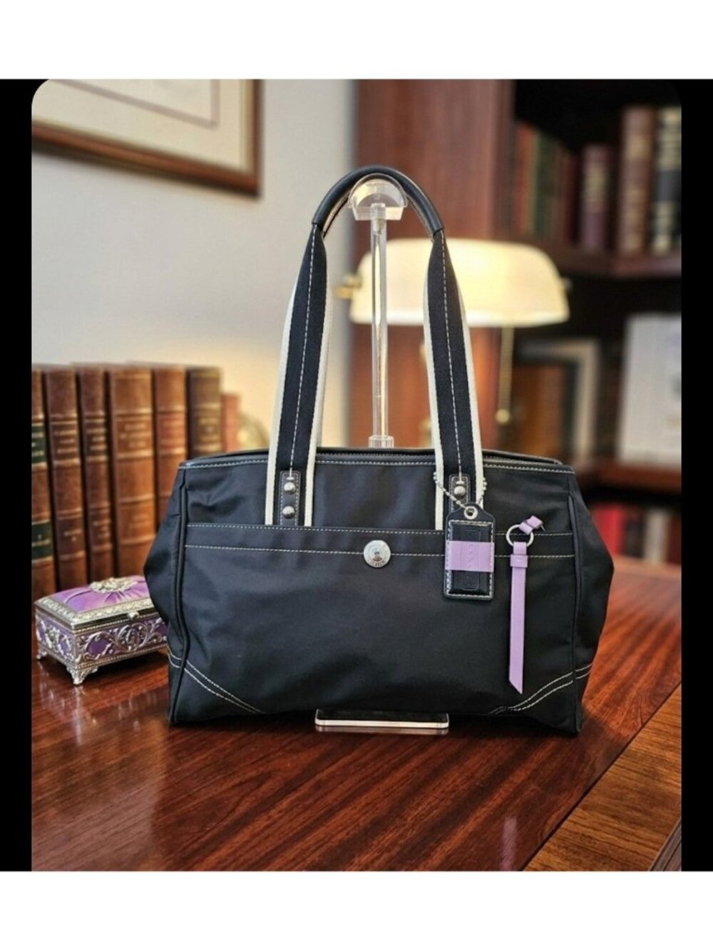 Coach Black Hamptons Weekend Nylon Side Cinched Snap Shoulder Tote Bag Travel